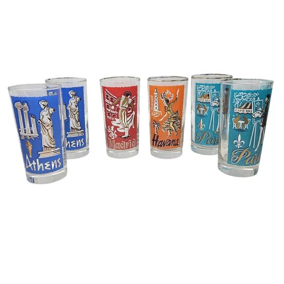 Set of 6 Vintage 60s Libbey International Cities World Highball Glass Barware